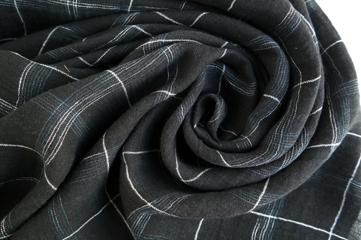 High Twisted Linen Fabric with Wrinkle Effect -Spaced Dyed Windowpane Check 6645 6688 - The Linen Lab - NAVY 6688