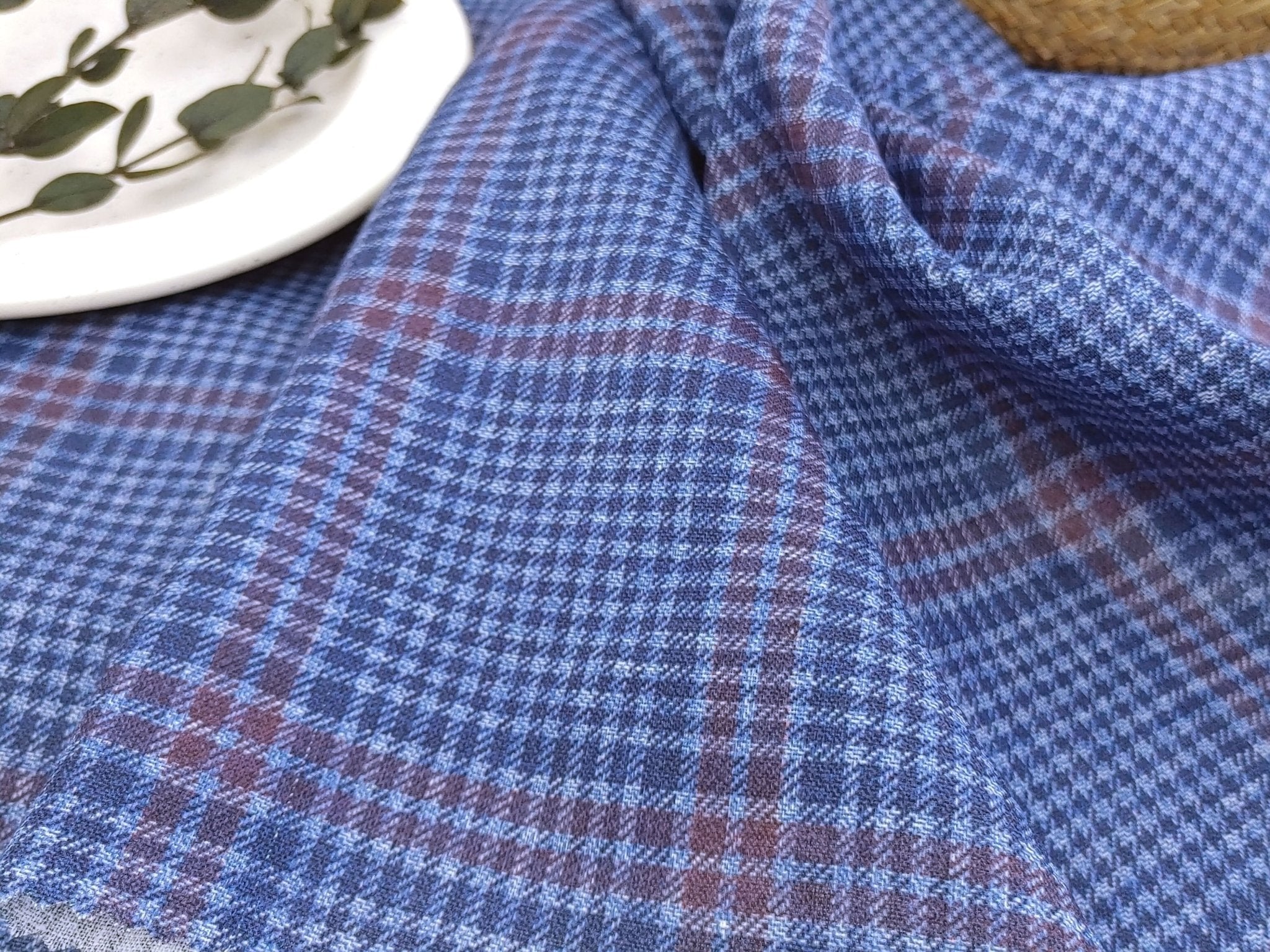 Blue Plaid Elegance: 100% Linen Printed Fabric 4394 - The Linen Lab - Blue