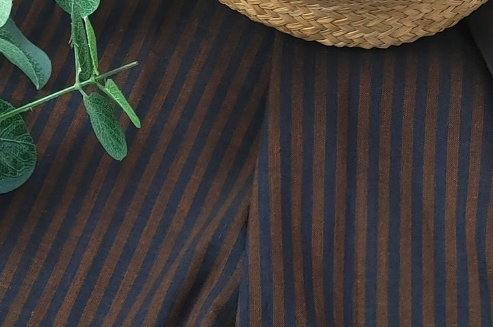 Brown Navy Stripe Linen Cotton Fabric 6635 - The Linen Lab - Brown