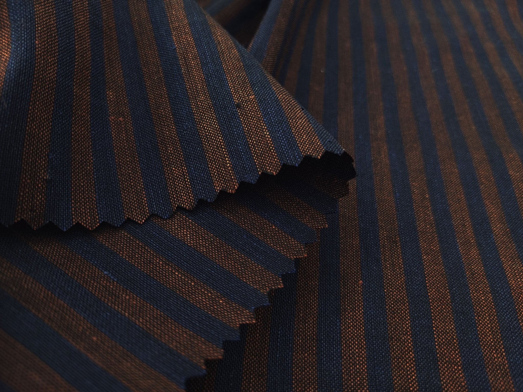 Brown Navy Stripe Linen Cotton Fabric 6635 - The Linen Lab - Brown