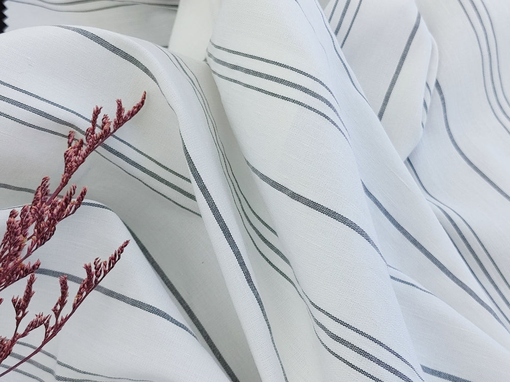 Classic Monochrome: White & Black Stripes Linen Rayon Stretch Fabric 6687 - The Linen Lab - Gray(Light)