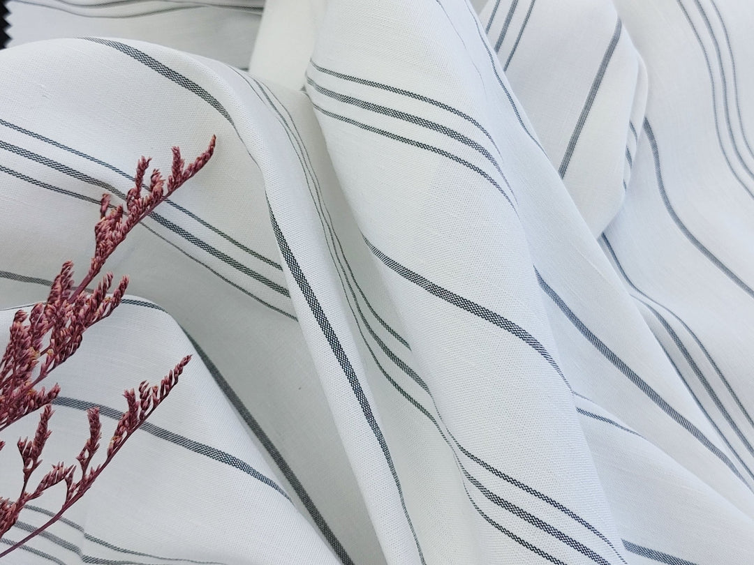Classic Monochrome: White & Black Stripes Linen Rayon Stretch Fabric 6687 - The Linen Lab - Gray(Light)