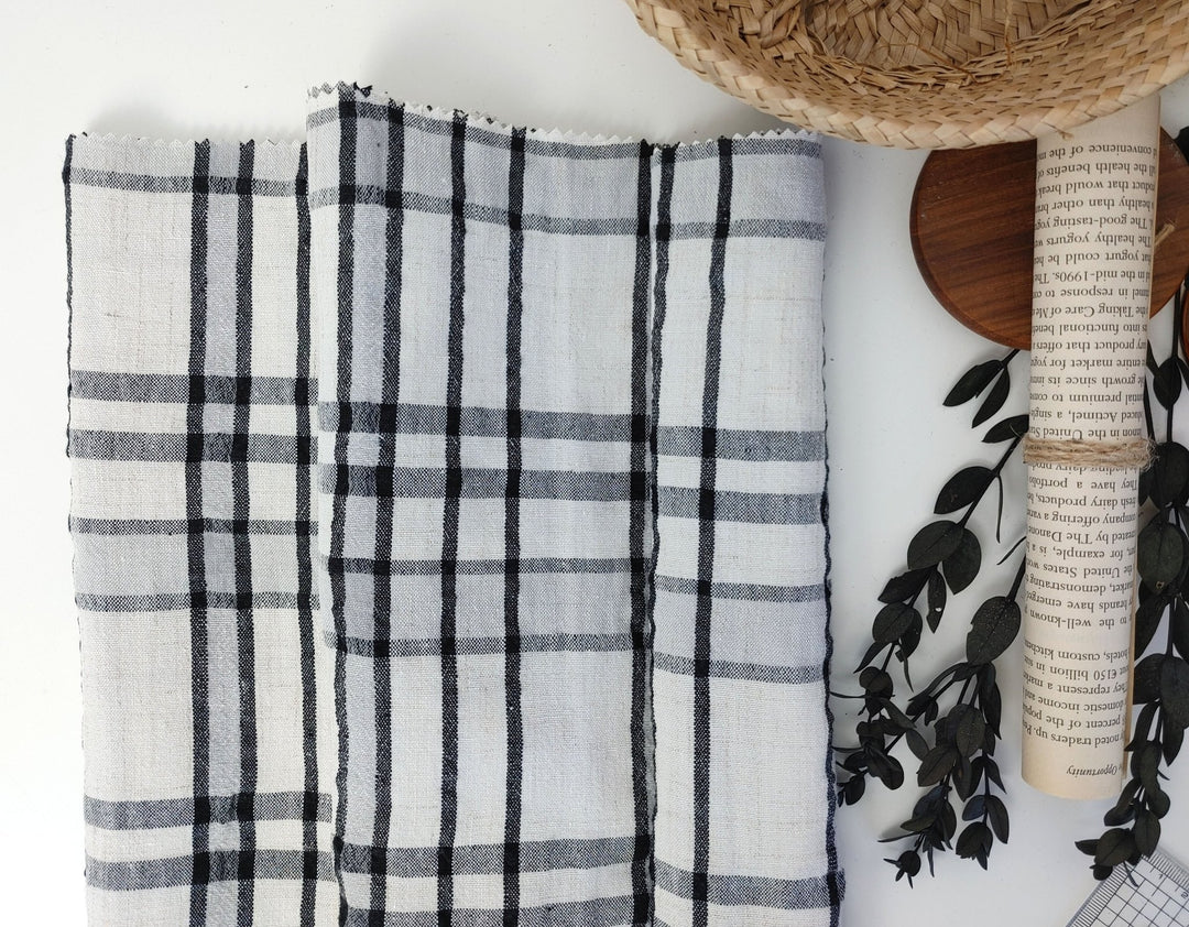 Crisp Handfeel Linen Rayon Plaid Fabric - Ivory & Black 6395 - The Linen Lab - Ivory & Black