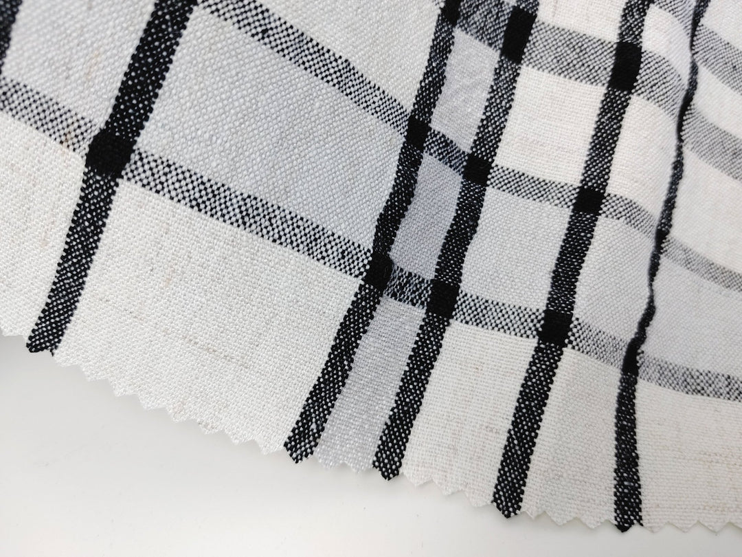 Crisp Handfeel Linen Rayon Plaid Fabric - Ivory & Black 6395 - The Linen Lab - Ivory & Black