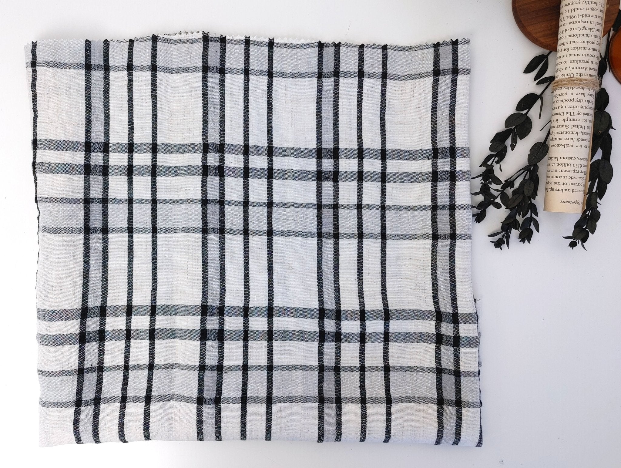 Crisp Handfeel Linen Rayon Plaid Fabric - Ivory & Black 6395 - The Linen Lab - Ivory & Black