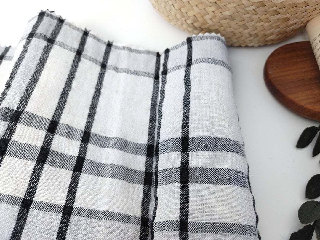 Crisp Handfeel Linen Rayon Plaid Fabric - Ivory & Black 6395 - The Linen Lab - Ivory & Black