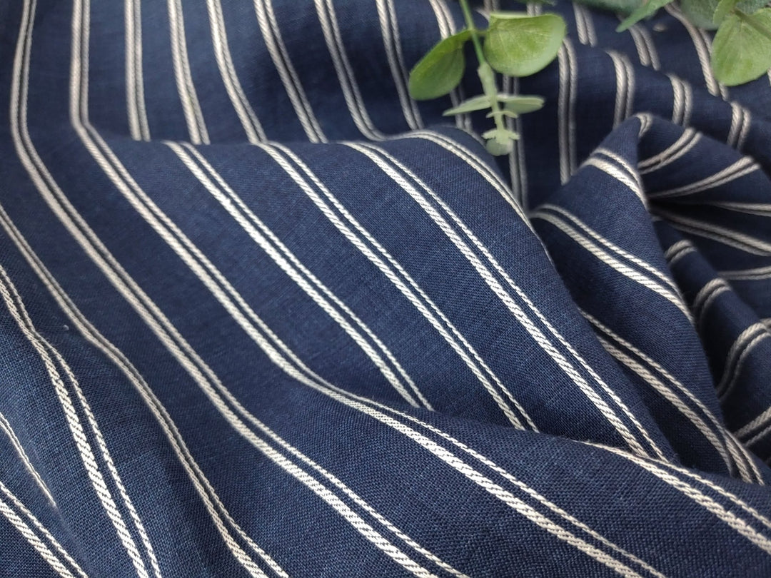 Dobby Stripe Elegance in 100% Linen Fabric 6523 - The Linen Lab - Navy