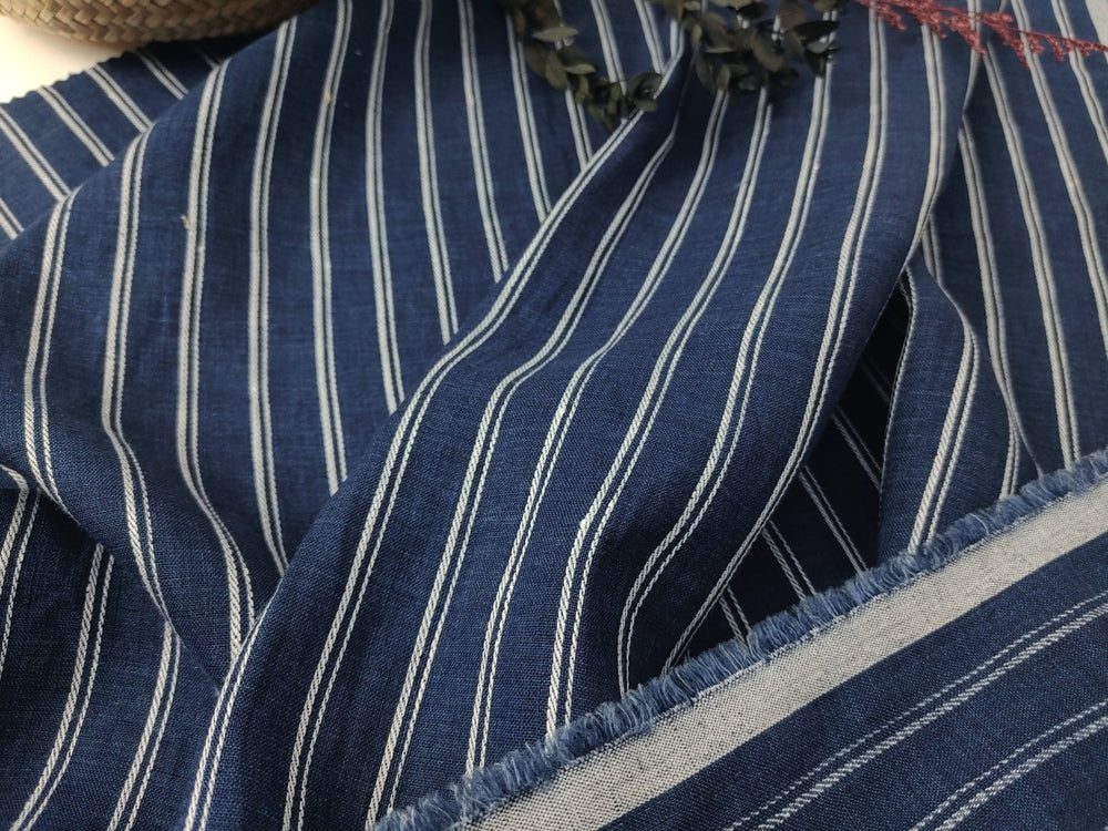 Dobby Stripe Elegance in 100% Linen Fabric 6523 - The Linen Lab - Navy