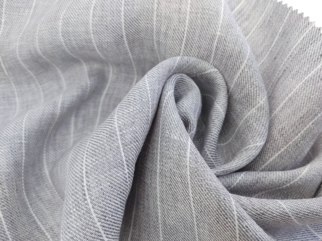 Gentle Grey Stripes: 100% Linen Chambray Twill Fabric 7614 - The Linen Lab - Grey