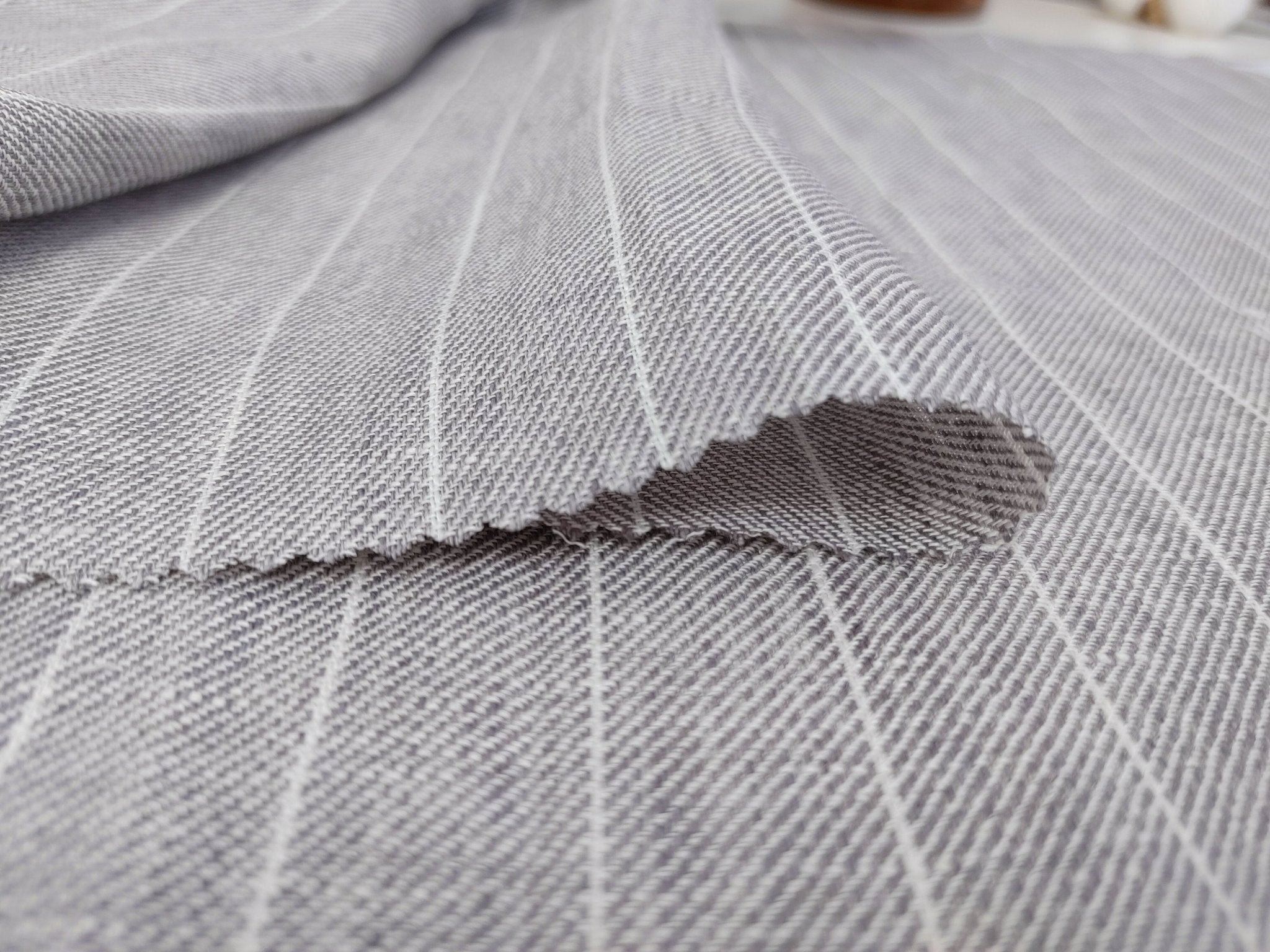 Gentle Grey Stripes: 100% Linen Chambray Twill Fabric 7614 - The Linen Lab - Grey