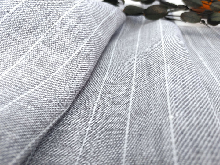 Gentle Grey Stripes: 100% Linen Chambray Twill Fabric 7614 - The Linen Lab - Grey