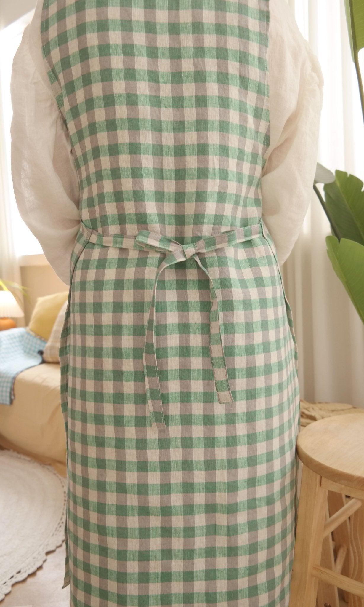 Green Check Linen Apron - The Linen Lab - Green check