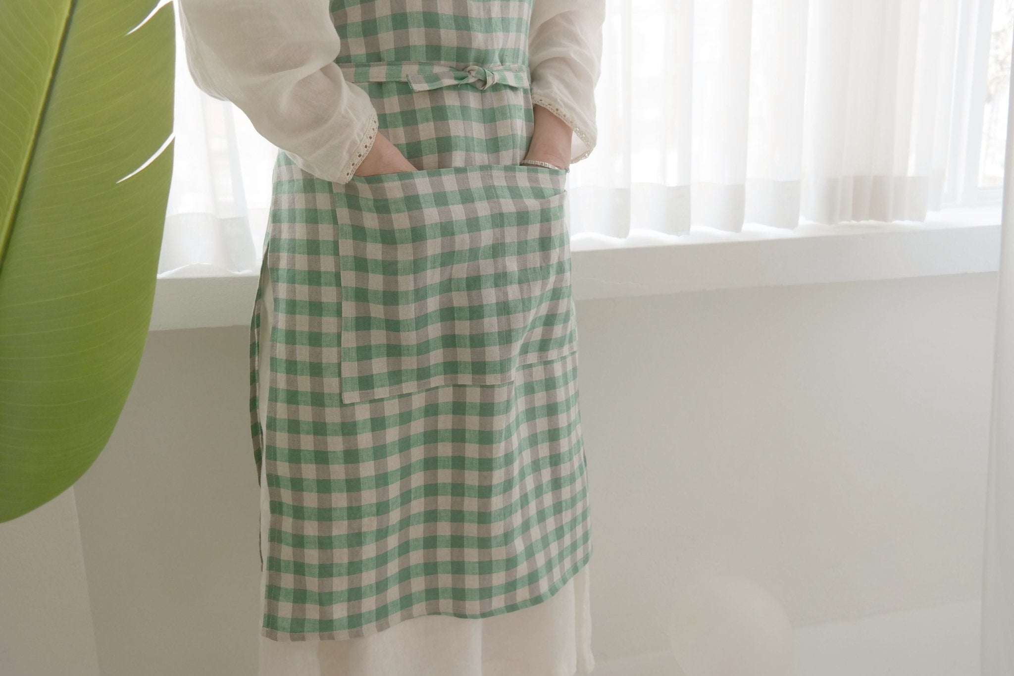 Green Check Linen Apron - The Linen Lab - Green check