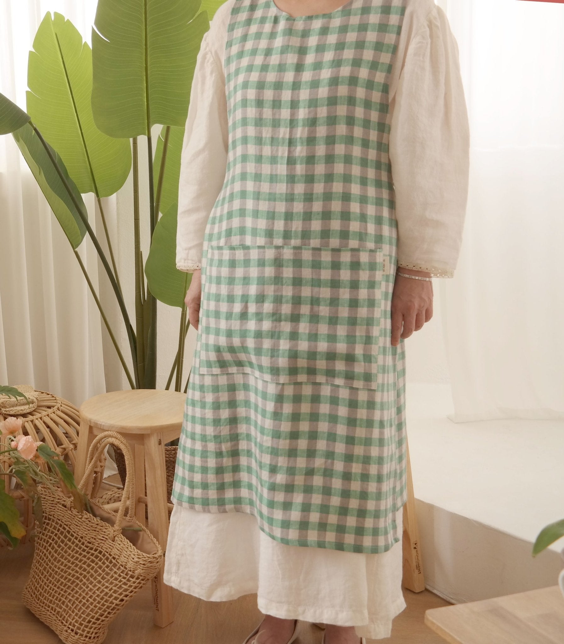 Green Check Linen Apron - The Linen Lab - Green check