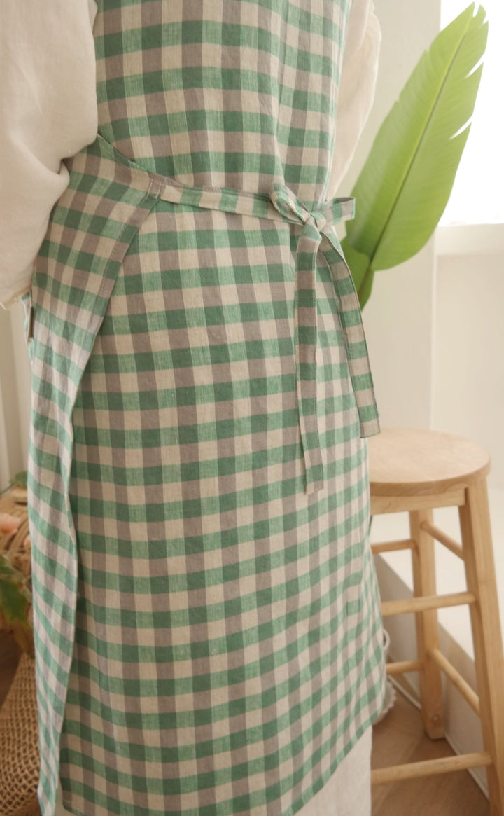 Green Check Linen Apron - The Linen Lab - Green check