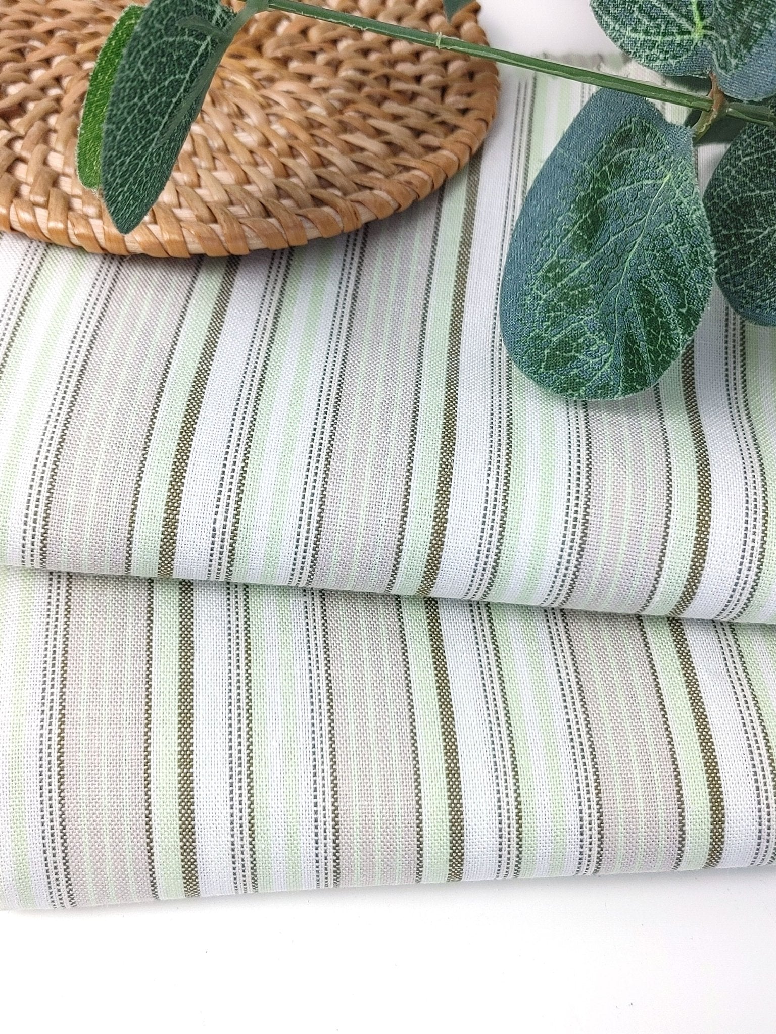 Green Stripe Cotton Ramie Fabric with Plain Weave 154 - The Linen Lab - Green