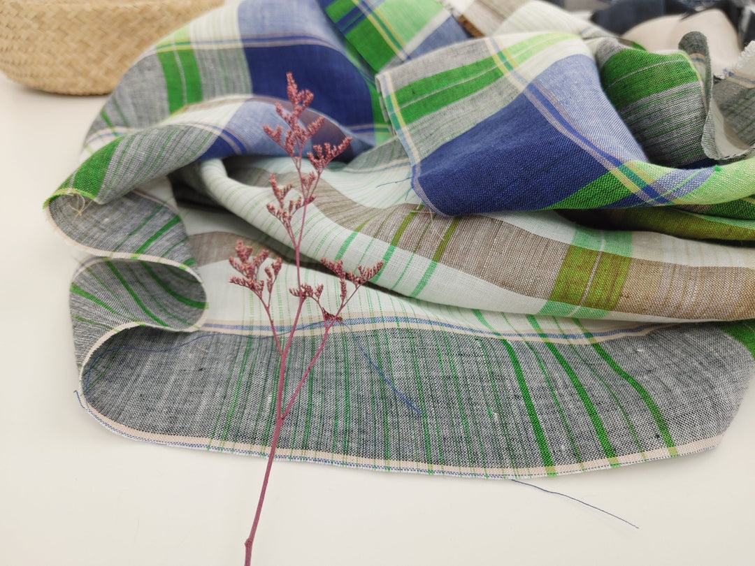 Hemp Big Plaid Fabric 7593 - The Linen Lab - Blue