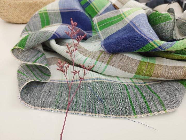 Hemp Big Plaid Fabric 7593 - The Linen Lab - Blue