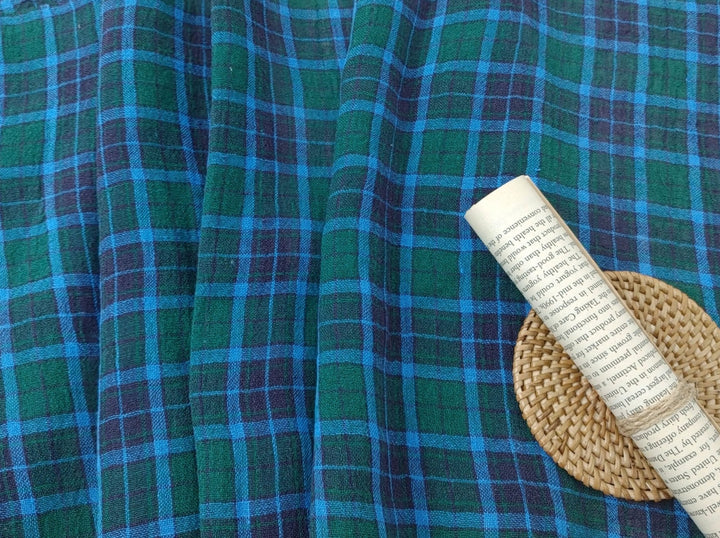 High Twisted Green Plaid Linen-Polyester Fabric 7322 - The Linen Lab - Green