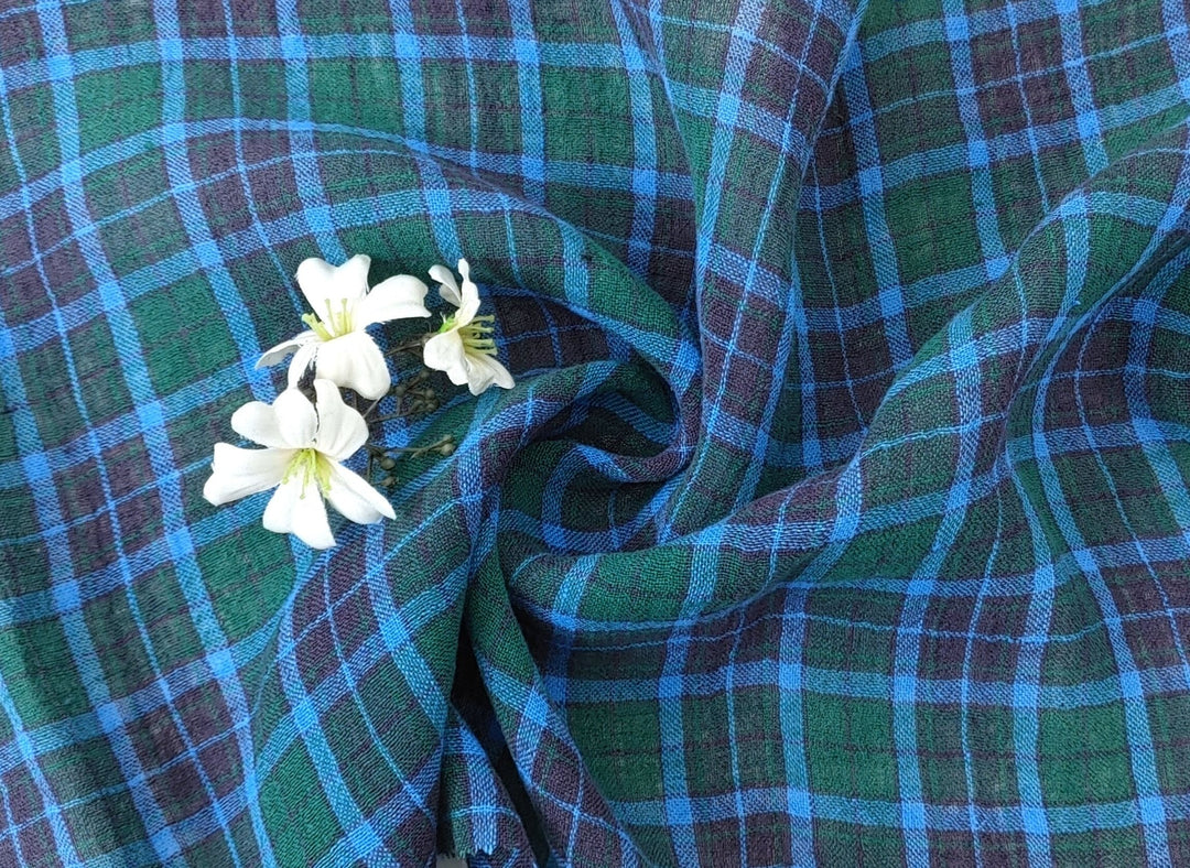 High Twisted Green Plaid Linen-Polyester Fabric 7322 - The Linen Lab - Green