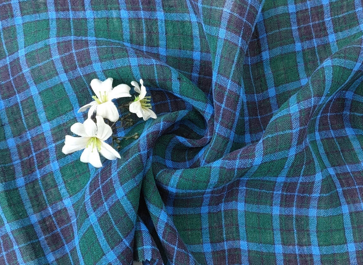 High Twisted Green Plaid Linen-Polyester Fabric 7322 - The Linen Lab - Green