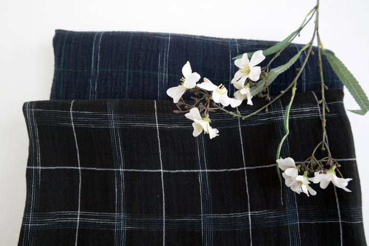 High Twisted Linen Fabric with Wrinkle Effect -Spaced Dyed Windowpane Check 6645 6688 - The Linen Lab - NAVY 6688
