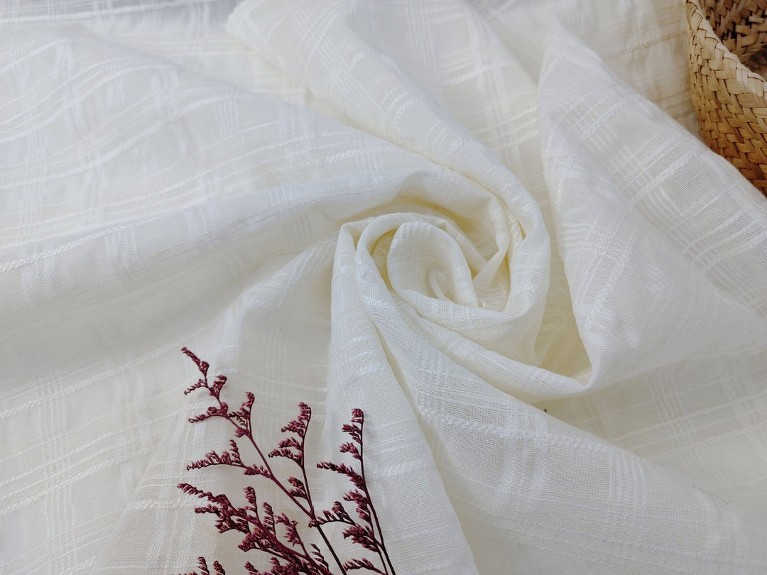 Ivory Dobby Plaid Linen Blend Fabric - Lightweight and Elegant for Various Crafting Projects 3060 - The Linen Lab - Ivory