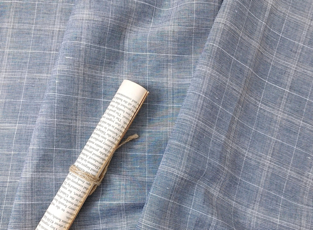 Light-Medium Weight Linen Cotton Twill Fabric with Simple Plaid Pattern 4393 - The Linen Lab - Navy