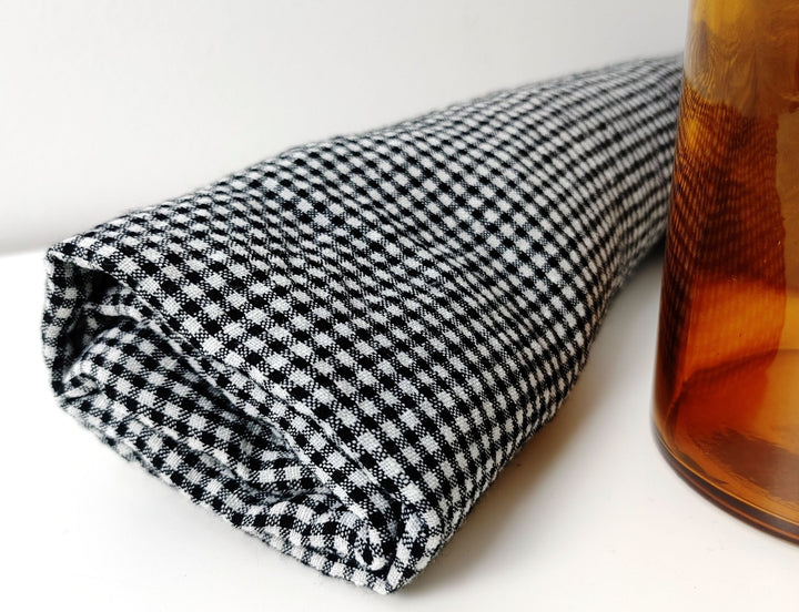 Light Weight Linen Tencel Fabric with Subtle Seersucker Gingham Check in Classic White & Black 6345 - The Linen Lab - Black & White