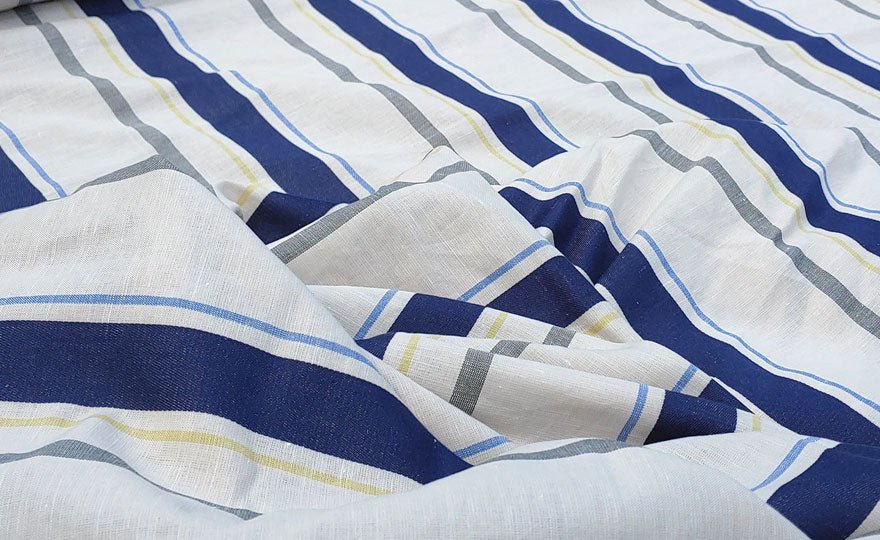 Linen Cotton Dobby Stripe Fabric (6396) - The Linen Lab - Beige with Navy