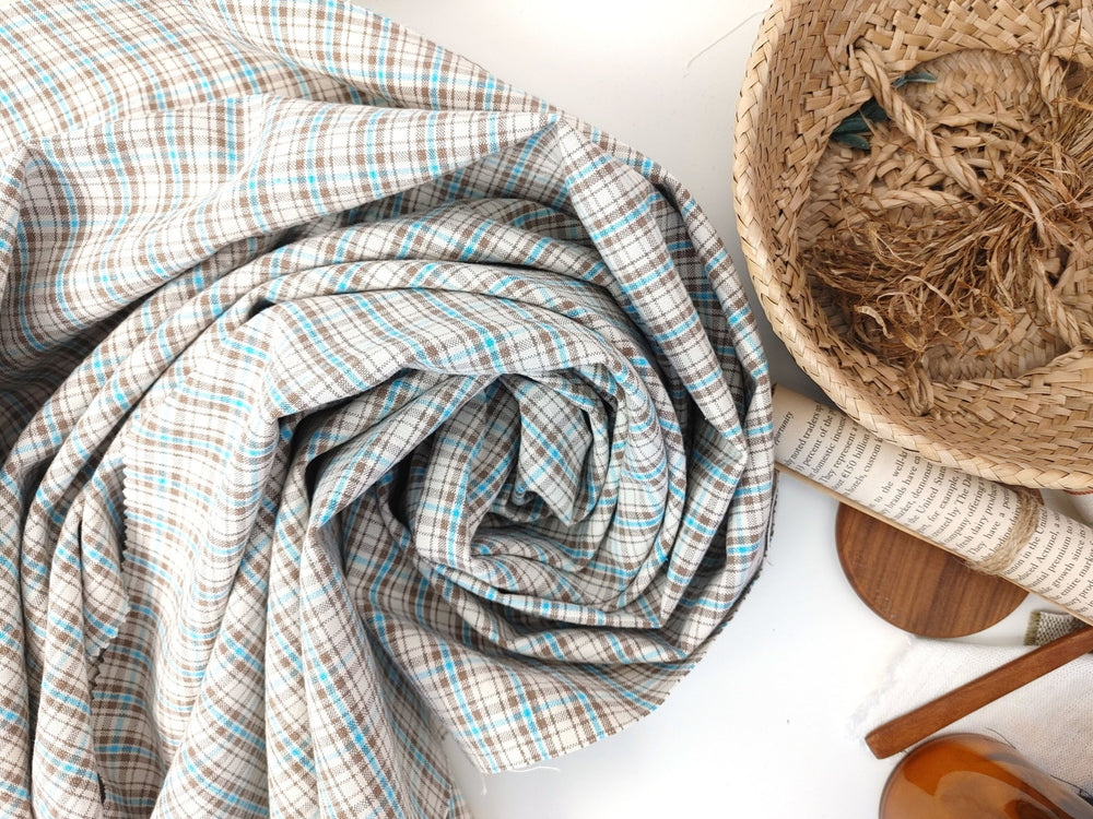 Linen Cotton Plaid Fabric Beige & Blue 7202 - The Linen Lab - Beige