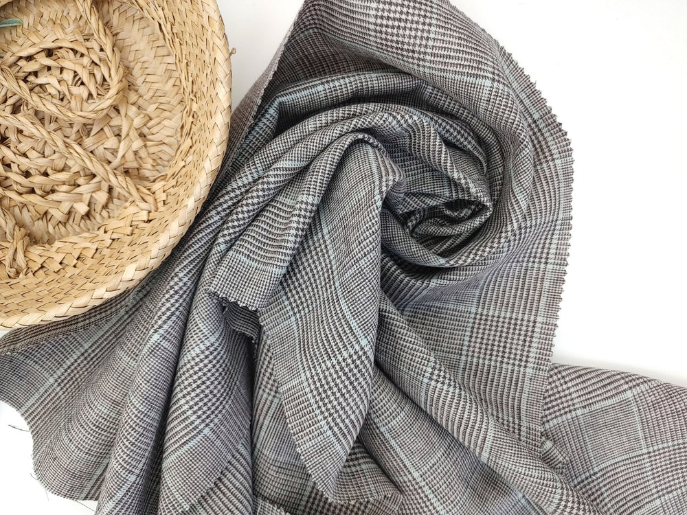 Linen Cotton Polyester Stretch Fabric with Glen Plaid Pattern 7479 - The Linen Lab - Brown