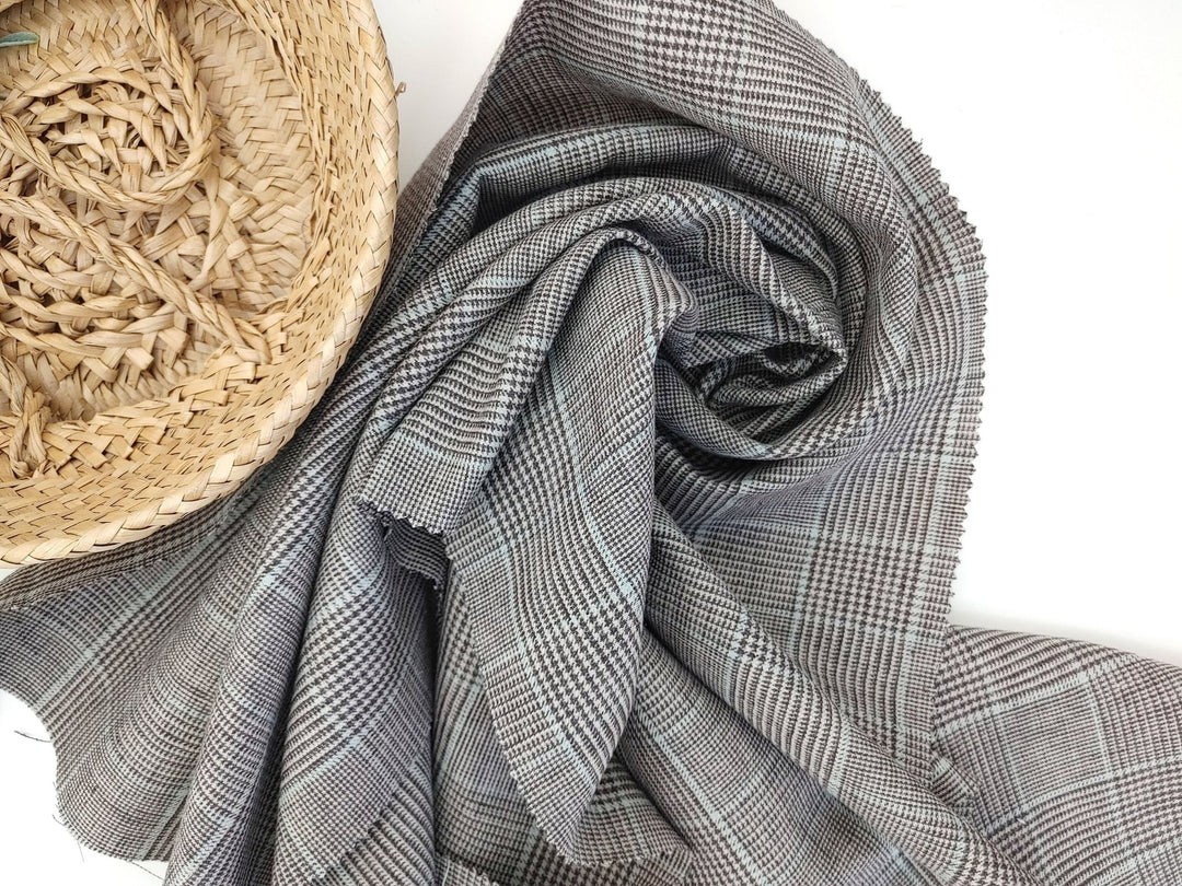 Linen Cotton Polyester Stretch Fabric with Glen Plaid Pattern 7479 - The Linen Lab - Brown