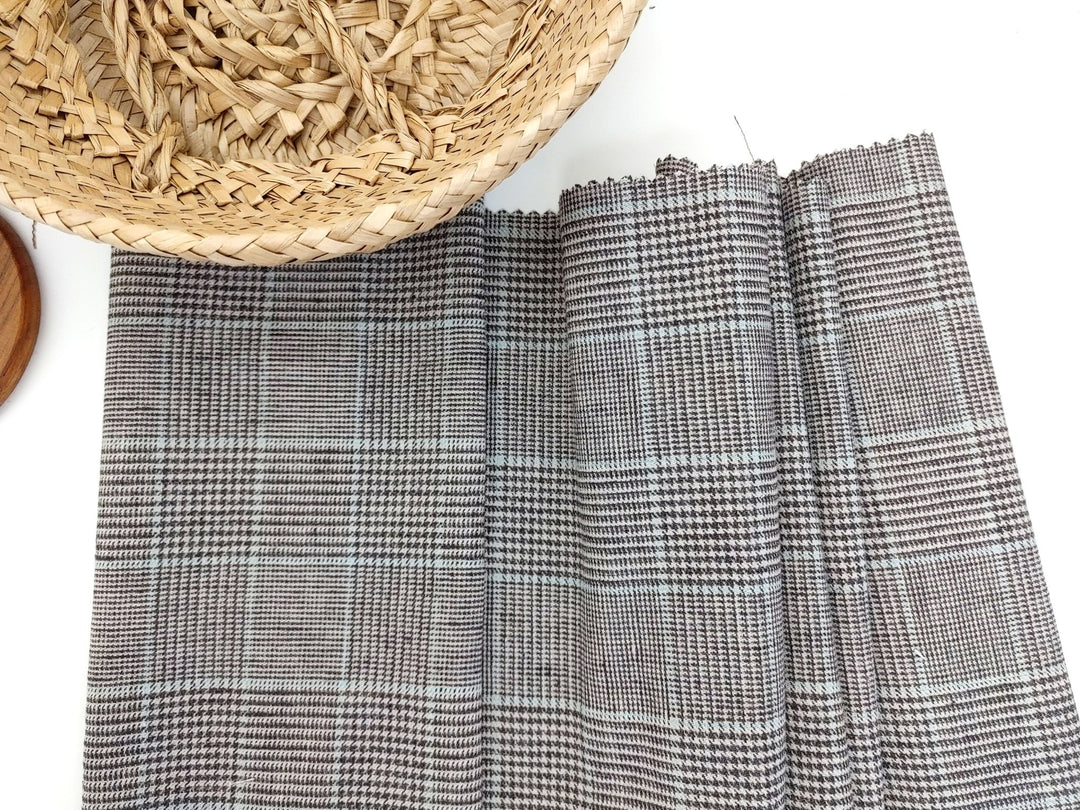 Linen Cotton Polyester Stretch Fabric with Glen Plaid Pattern 7479 - The Linen Lab - Brown