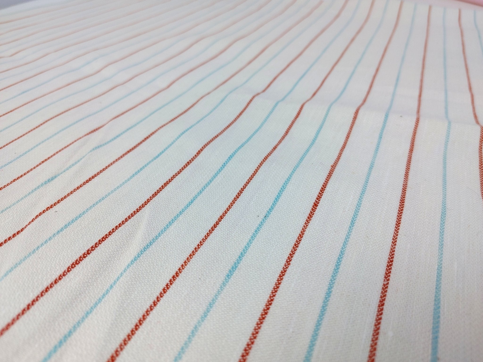 Linen Cotton Red Mint Ivory Stripe Fabric Medium Weight 2296 - The Linen Lab - Ivory