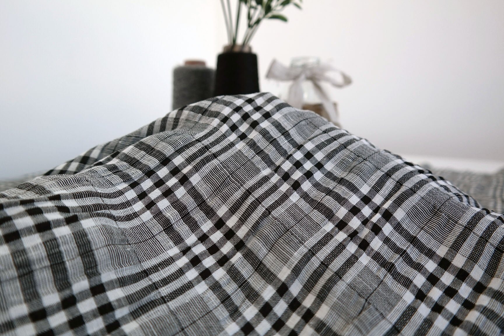 Linen Rayon Plaid Stretch Wrinkled Fabric (6713) - The Linen Lab - White and Black