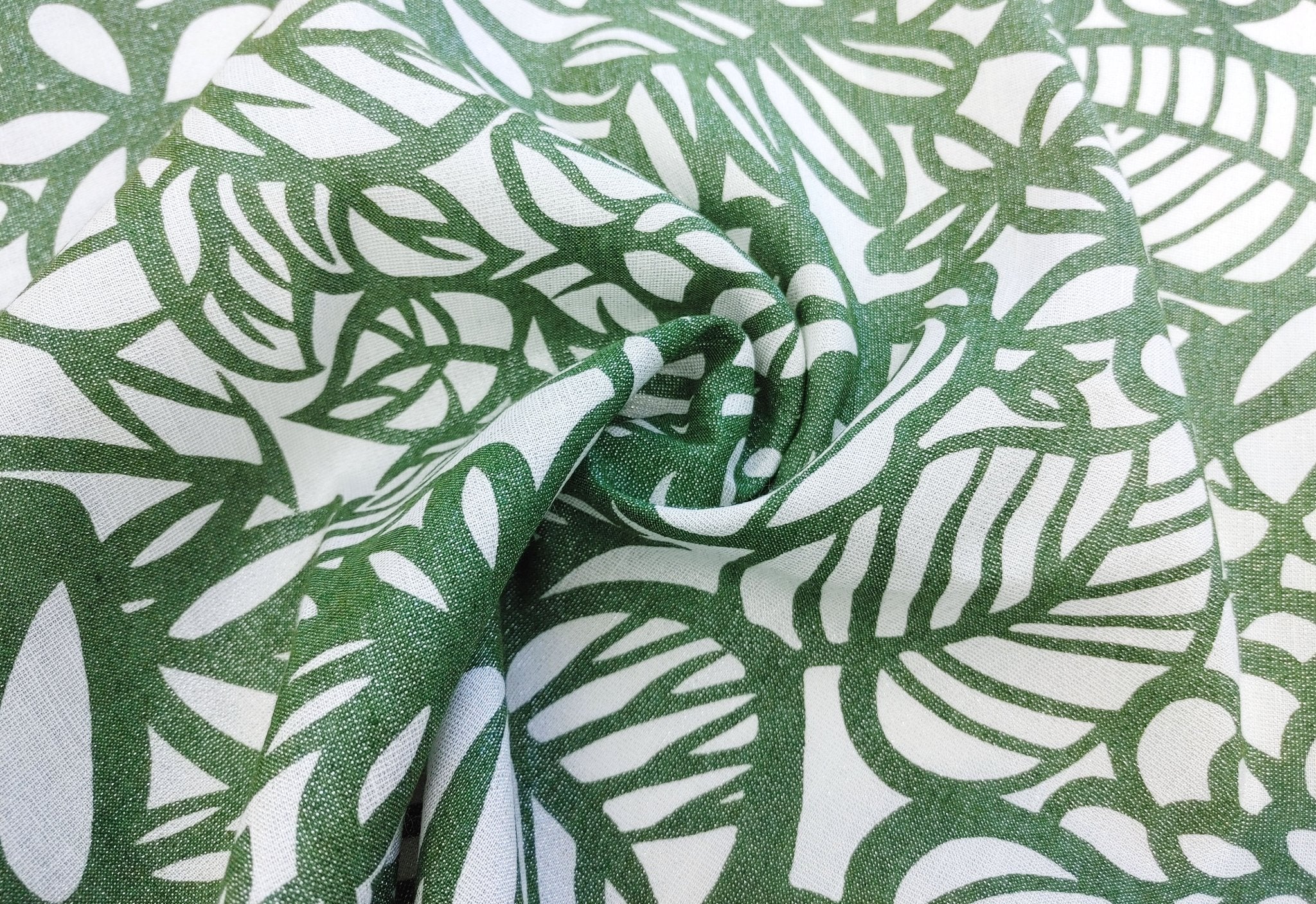 Linen Tencel Lurex Blend Fabric in Green Leaf Print 4082 - The Linen Lab - Green