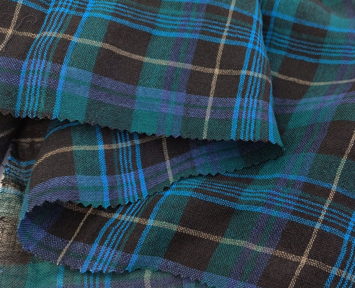 Mystic Forest Noir: Linen Polyester Twisted Black-Green Plaid Fabric 7327 - The Linen Lab - Green(Dark)
