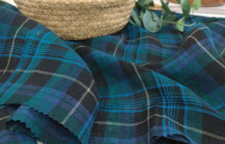 Mystic Forest Noir: Linen Polyester Twisted Black-Green Plaid Fabric 7327 - The Linen Lab - Green(Dark)