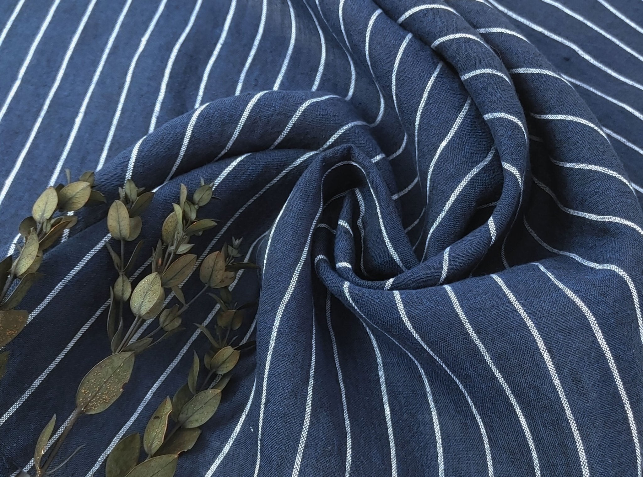 Navy Blue & White Striped Linen Fabric - 100% Natural, 21S Thread for Classic Style 7841 - The Linen Lab - Navy