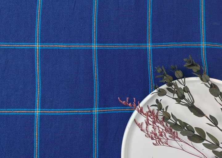 Navy Color 100% Linen Dobby Weave in Windowpane Check 7850 - The Linen Lab - Navy