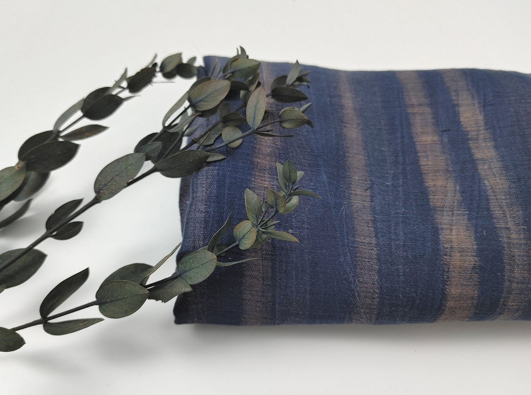 Navy Linen Nylon Fabric with Striped Print and Crease Effect 4262 - The Linen Lab - Navy