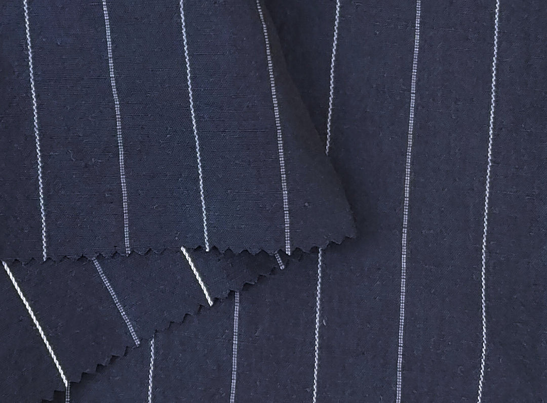 Navy Linen Tencel Dobby Stripe Fabric 6796 - The Linen Lab - Navy