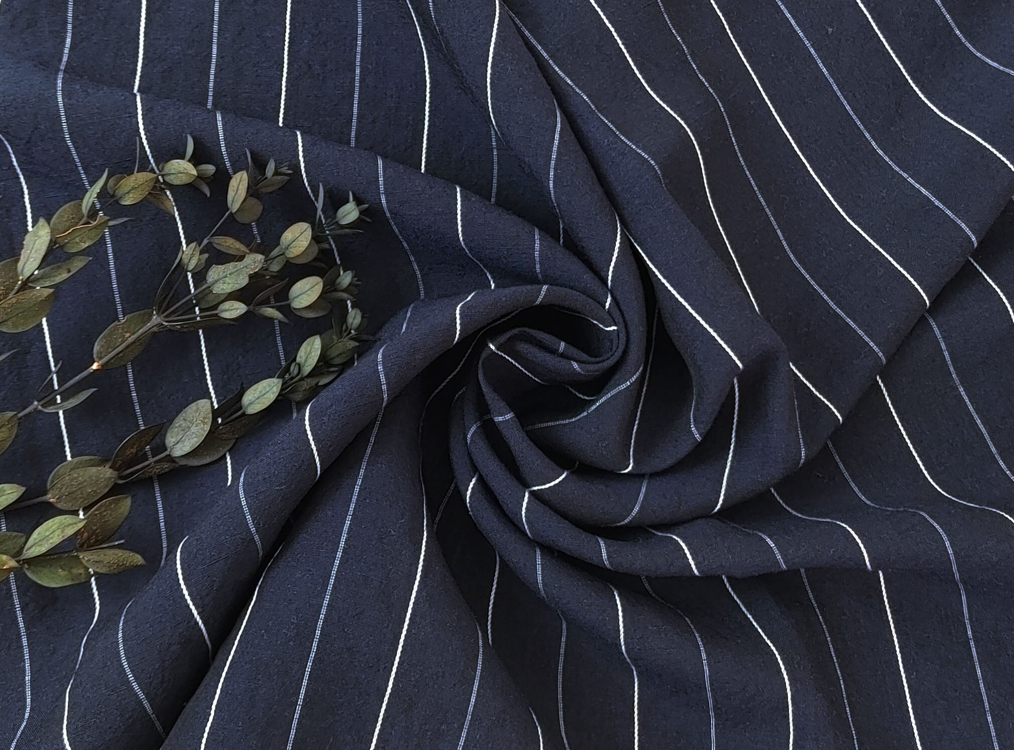 Navy Linen Tencel Dobby Stripe Fabric 6796 - The Linen Lab - Navy