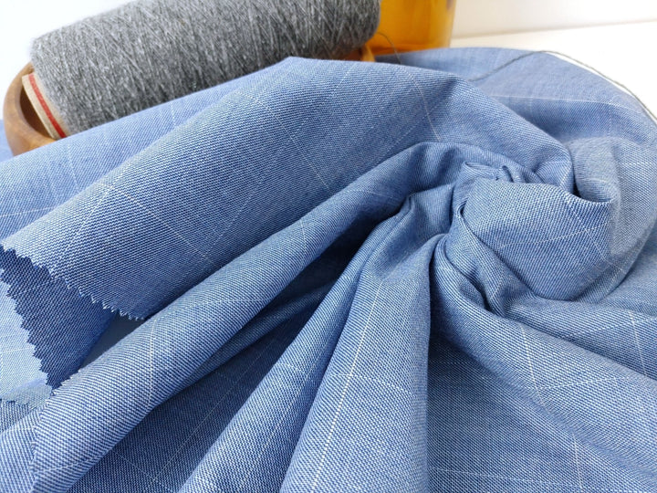 Ramie Cotton Stretch Fabric with Blue Windowpane 3346 - The Linen Lab - Blue