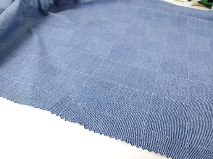 Ramie Cotton Stretch Fabric with Blue Windowpane 3346 - The Linen Lab - Blue