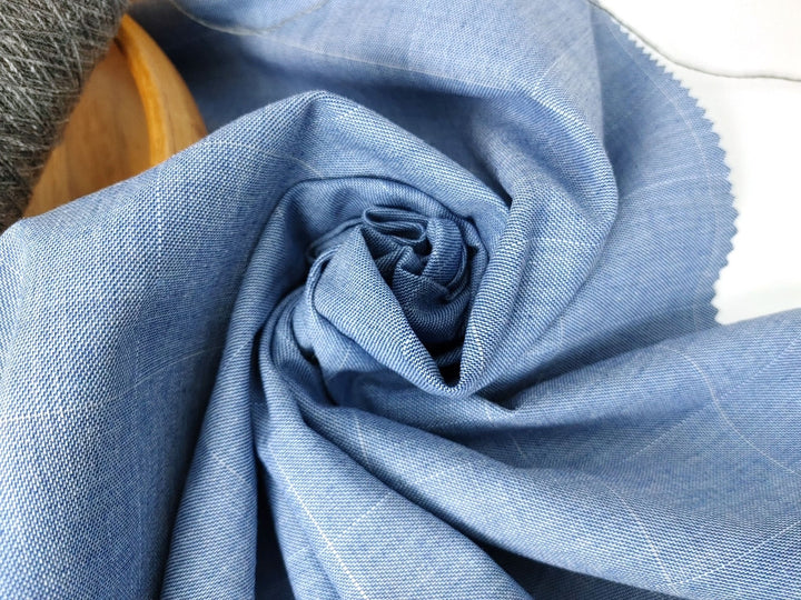 Ramie Cotton Stretch Fabric with Blue Windowpane 3346 - The Linen Lab - Blue