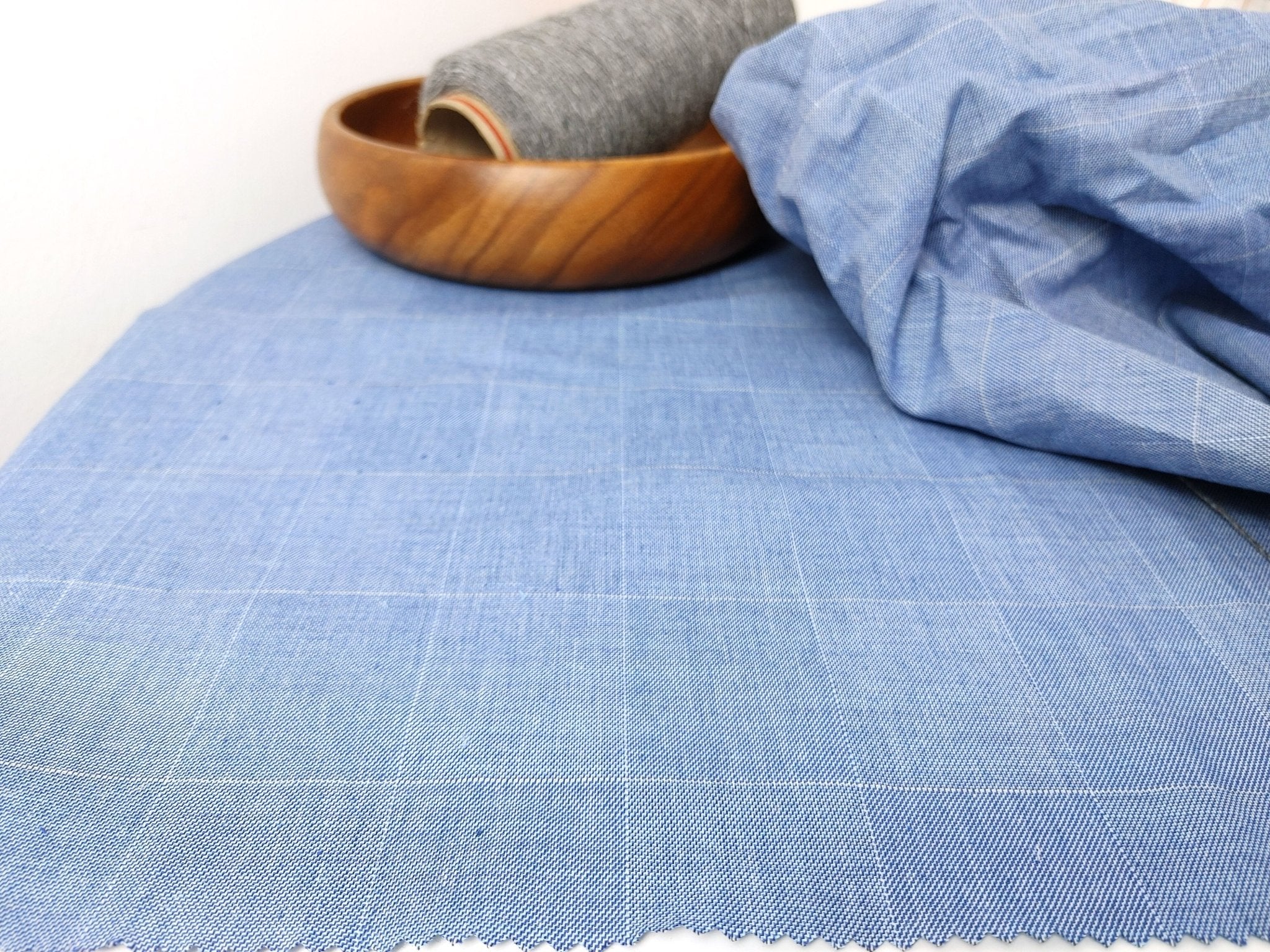 Ramie Cotton Stretch Fabric with Blue Windowpane 3346 - The Linen Lab - Blue