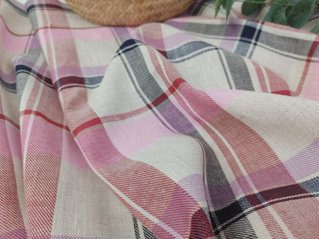 Rosy Check: Pink Linen Cotton Twill Plaid Fabric 4213 - The Linen Lab - Pink