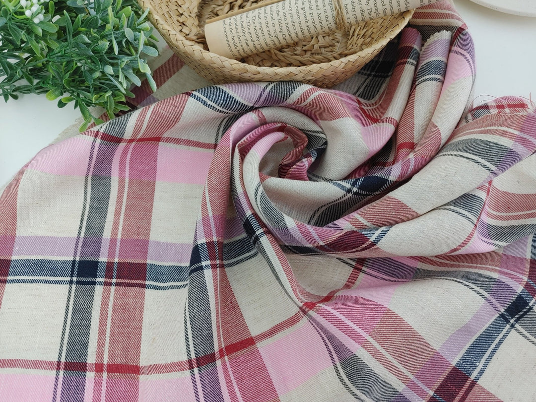 Rosy Check: Pink Linen Cotton Twill Plaid Fabric 4213 - The Linen Lab - Pink